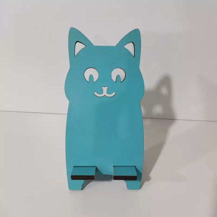 پایه چوبی نگهدارنده گوشی موبایل طرح گربه به رنگ فیروزه ای (آبی کم رنگ) - کدe-3
