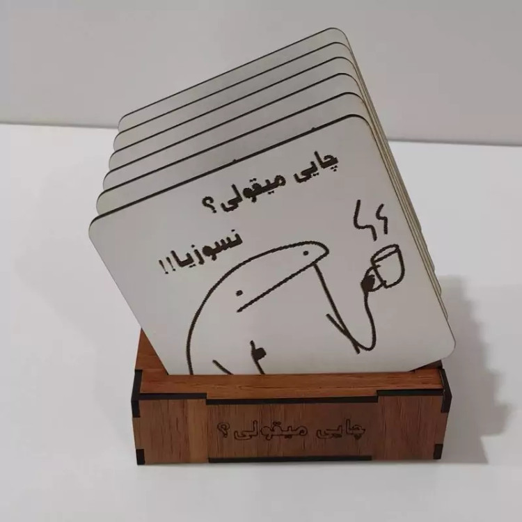 6عدد زیر لیوانی سفید رنگ به همراه جای زیر لیوانی با طرح چایی میقولی بسته 6عددی
