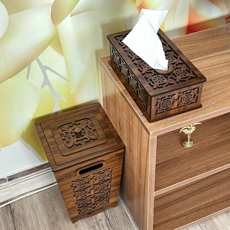 ست جا دستمال کاغذی و سطل زباله چوبی - مناسب برای جهیزیه عروس و اتاق خواب و اداره و... کد c-77