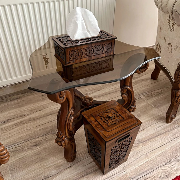 ست جا دستمال کاغذی و سطل زباله چوبی - مناسب برای جهیزیه عروس و اتاق خواب و اداره و... کد c-77