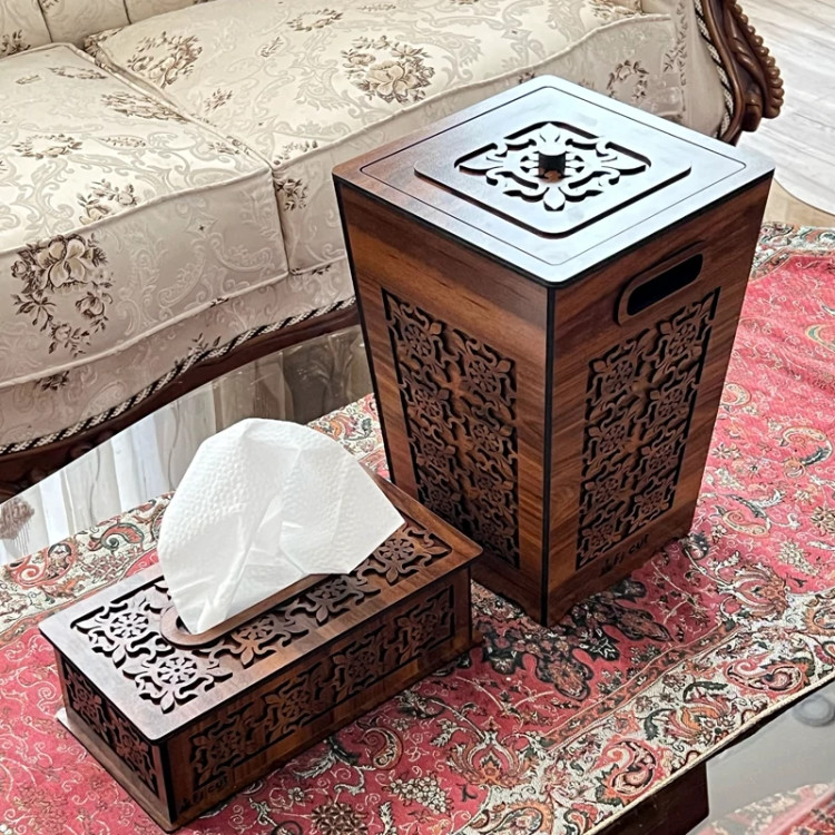 ست جا دستمال کاغذی و سطل زباله چوبی - مناسب برای جهیزیه عروس و اتاق خواب و اداره و... کد c-77