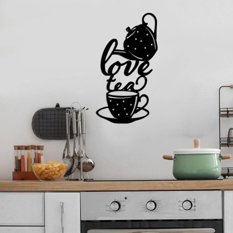 دیوارکوب چوبی طرح قوری و چای مدل LOVE TEA مخصوص آشپزخانه ابعاد 45 در 25 سانتی متر