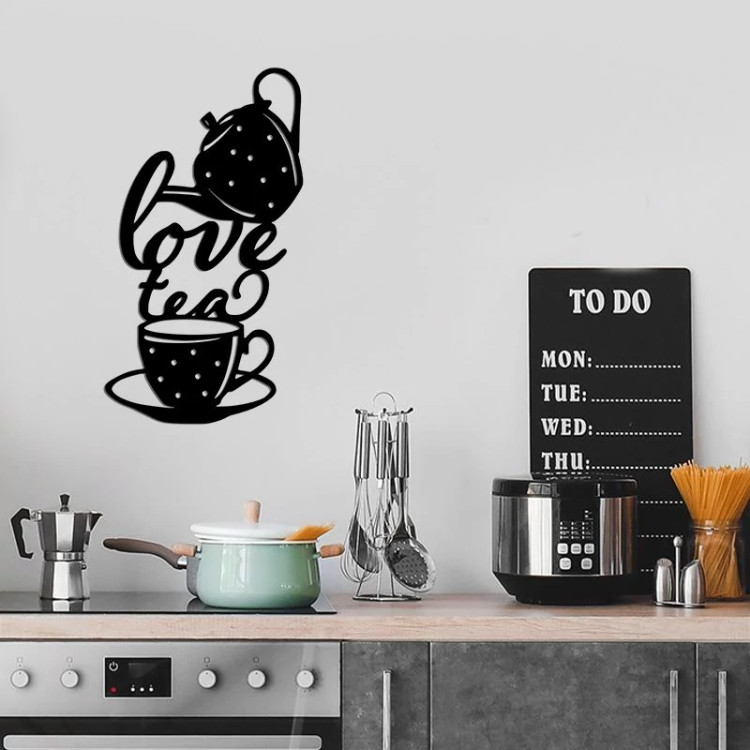 دیوارکوب چوبی طرح قوری و چای مدل LOVE TEA مخصوص آشپزخانه ابعاد 45 در 25 سانتی متر